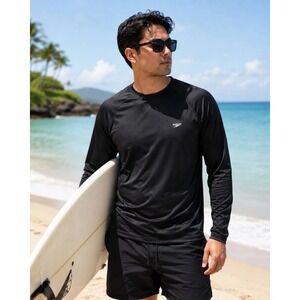 Men's Speedo Long Sleeve Rash Guard Swim Sun Shirt Surfing Beach Black Sz Small